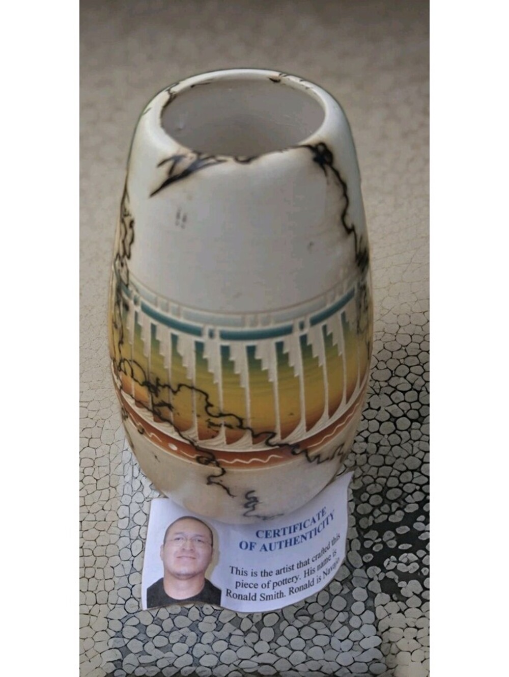 NAVAJO HORSEHAIR POTTERY VASE SIGNED RONALD SMITH NATIVE AMERICAN COA 5.75X4"